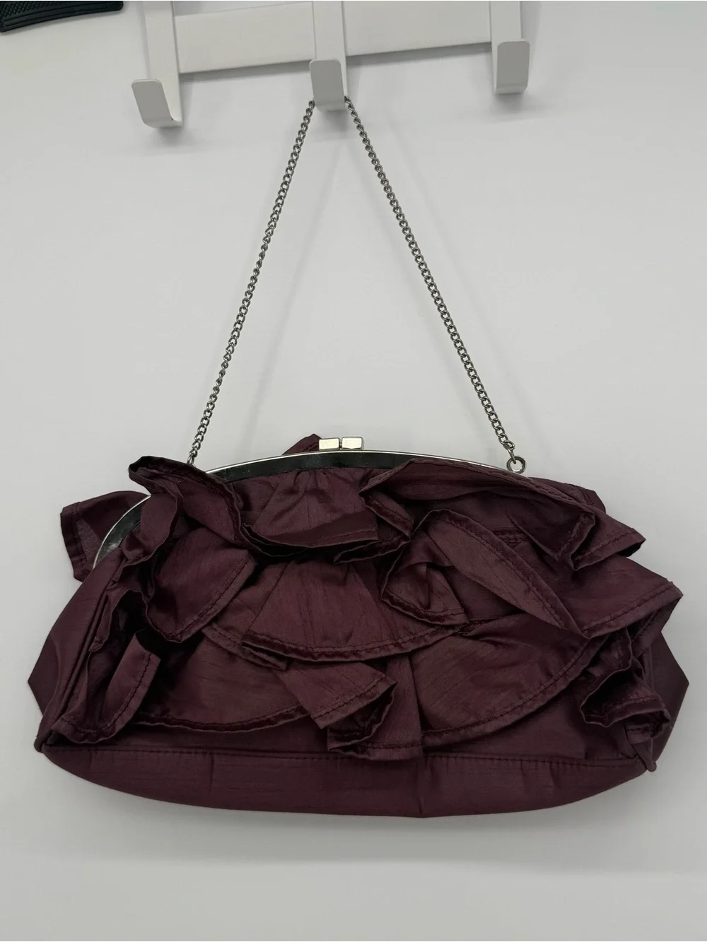 BCBGirls Purple Ruffle Clutch Purse Chain Strap Evening Bag Y2k Style